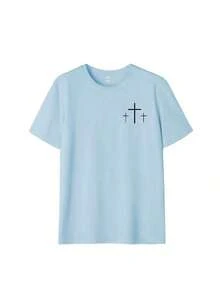 Women's "Faith Over Fear" T-Shirt With Bible Verse, Regular Fit, Christian Inspirational Graphic T-Shirt, Comfortable, Casual Short Sleeve 2026, Round Neck, Faith Clothing For Summer - 淺藍色 - 查看 4