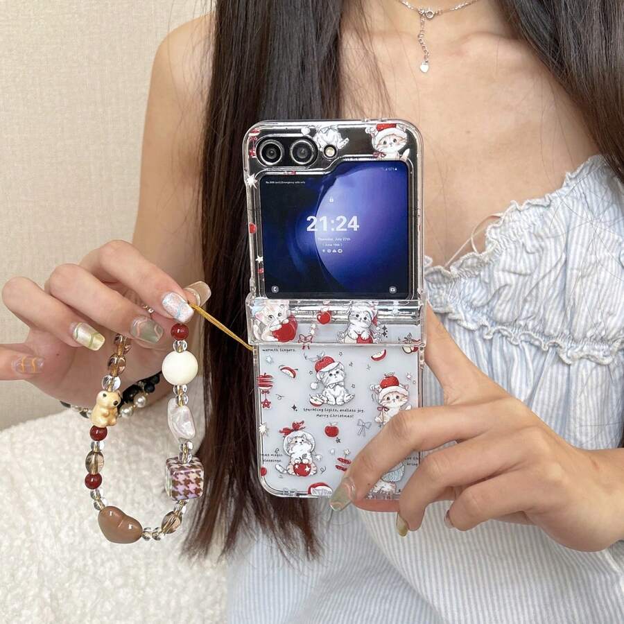 Red Apple Cat Foldable Phone Case With Chain, Suitable For Samsung Galaxy Z Flip3 5G/Galaxy Z Flip 4 5G/Galaxy Z Flip 5 5G/Galaxy Z Flip 6 5G/Galaxy Z Flip 7 5G, Ultra-Thin Creative And Stylish Foldable Phone Case - Multicolor - View 1