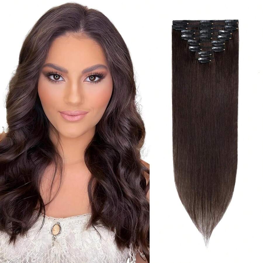 Extensiones de Cabello Humano con Clip Rich Choices, 8 Piezas, 20cmExtensiones de Cabello Humano con Clip, Invisibles, Color Rubio 12/613, Remy, Sedoso, Liso, Natural - Tramas Delgadas