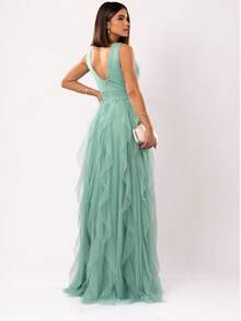 Long Party Dress With Glitter, Cascading Skirt, And V-Neck. - 薄荷綠 - 查看 3