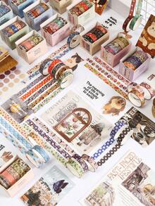 Set Pita Washi Pola Retro 5 Gulungan/Kotak, Pita Washi Desain Multi-Elemen - Untuk Scrapbooking dan Dekorasi Amplop Kartu Ucapan, Pita Kreatif, Pola Flora, Fauna, dan Bunga yang Halus - Set - View 6
