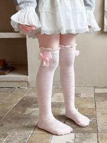 1 Par/4 Pares de Calcetines por encima de la rodilla para niñas, estilo escolar con diseño de cuadros, flores y lazos para primavera/verano - Multicolor - Ver 21