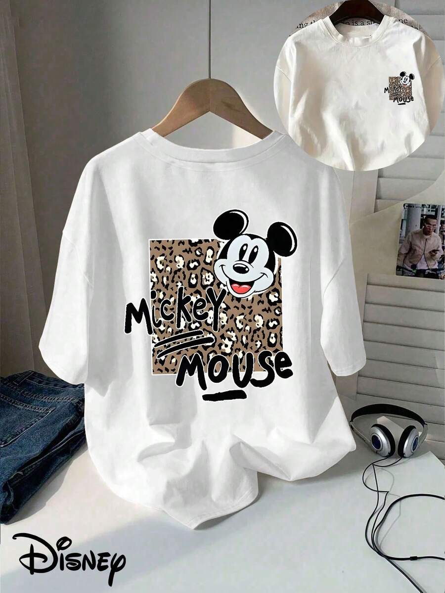 Disney (Loose Version) Mickey Mouse Leopard Print Short Sleeve T-Shirt For Women Cut Cotton Round Neck Top Summer And Spring, Short-Sleeved Tops, Ladies' Clothes, Holiday Gift Party Clothes. - Blanc - Voir 1