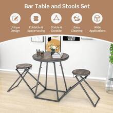COSTWAY 3-Piece Round Table And Stool Set, Bar Table With 2 Foldable Stools, Heavy-Duty Steel Frame, Modern Table And Chairs Set For 2, Dining Set For Small Space, Apartment, Kitchen, Dining Room, Grey - Grey - View 3