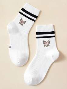1 Pair Girls' Black & White Striped Mid-Calf Socks – Leopard-Print Bow & Ribbed Design (Versatile Preppy Style) - Multicolor - View 1