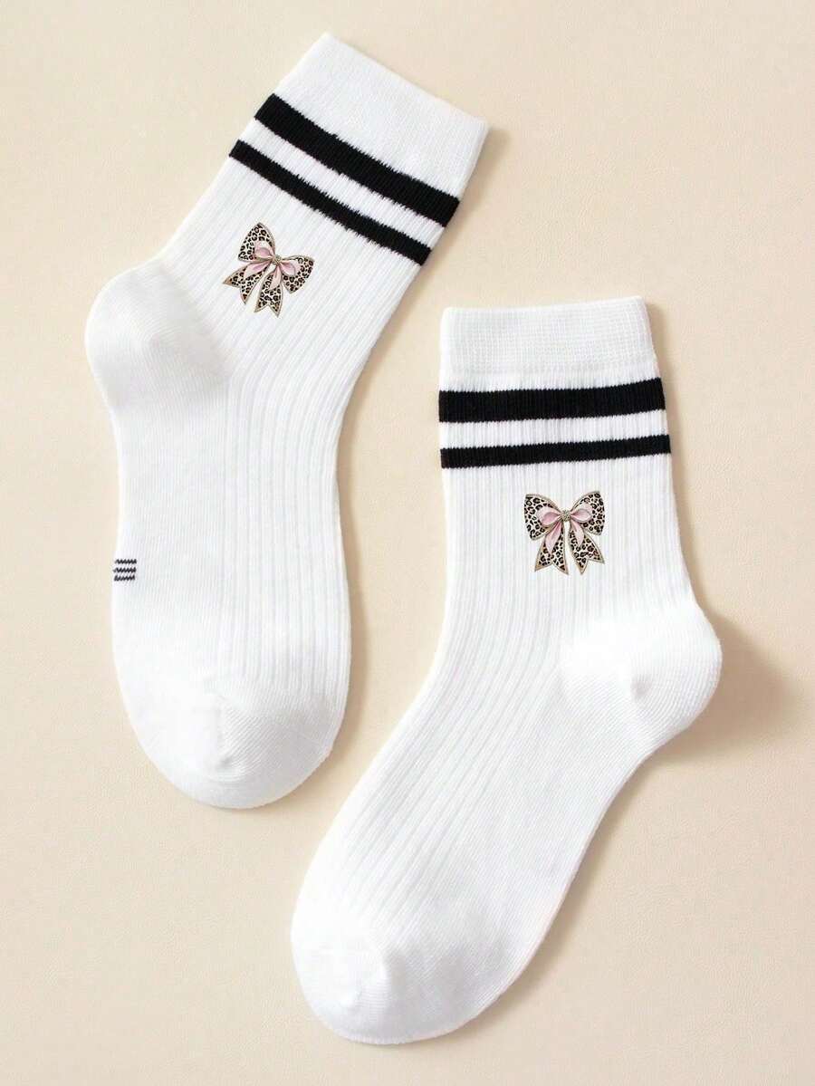 1 Pair Girls' Black & White Striped Mid-Calf Socks – Leopard-Print Bow & Ribbed Design (Versatile Preppy Style) - Multicolor - View 1