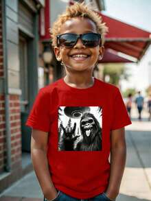 Camiseta de Algodón con Cuello Redondo para Niño, Casual y Cómoda, de Manga Corta con Estampado para Primavera/Verano - Rojo - Ver 2