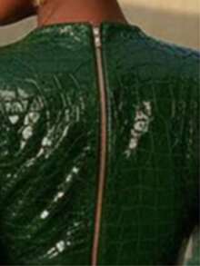 GLOURI Elegant Green Crocodile Pattern Maxi Dress With Deep V Neck Long Sleeves And Double Zipper Split For Party Wear - 綠色 - 查看 3