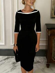 conciso Women's Casual Mid-Sleeve Mid-Length Dress, Spring Office Wear - Black - View 4