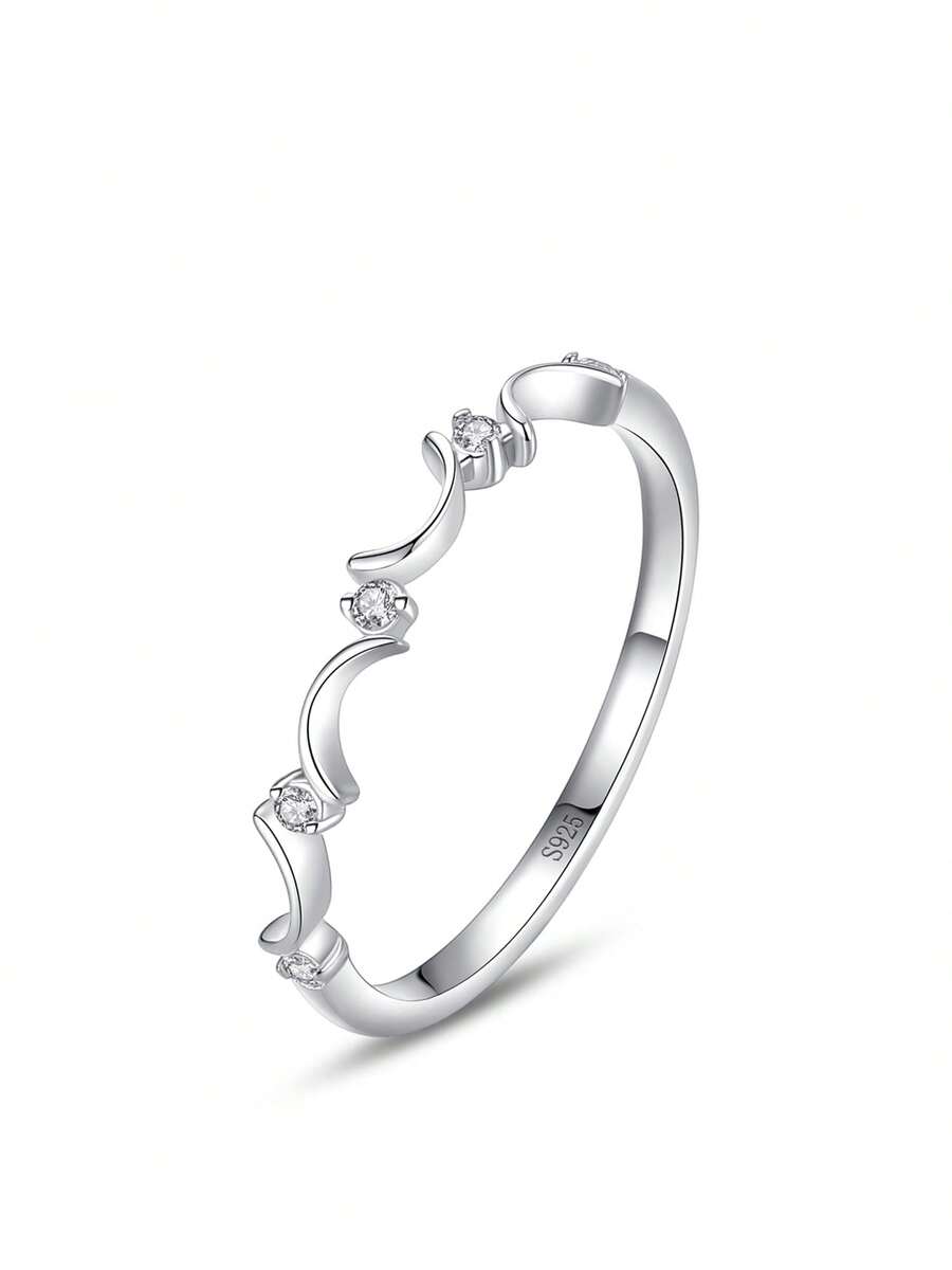 1枚925纯银精美月亮叠戴锆石戒指，女士简约精致珠宝 - 銀色 - 查看 1