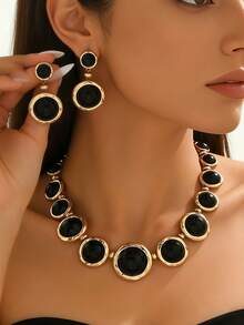 2pcs Women Jewelry Set, Geometric Circle Grid Pattern Gradient Combination Necklace And Earrings, Classic Elegant Versatile For Daily, Festival, Party Wear - Yellow Gold - View 11