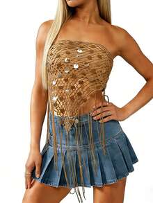 Top de tubo sin tirantes con lentejuelas y borlas para mujer, estilo boho, ideal para fiestas, clubes nocturnos y festivales. - Caqui - Ver 4