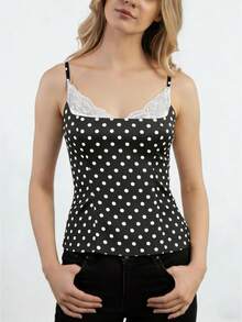 Women's Y2K Polka Dot Cami Tops Cute Satin Top Sleeveless Spaghetti Strap Lace Tank Tops Slim Fit Bustier Lace Trim Crop Top Scoop Neck Polka Dot Camisole Summer Corset Shirt Cute Party Going Out Clothes - 黑色 - 查看 4