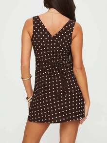 Women Dresses, Sleeveless V Neck Dot Print Casual Club Party High Waist Drawstring Dresses - Marrón - Ver 4