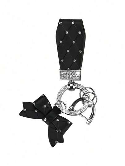 1pc Black Rhinestone Decor Bowknot Keychain, Suitable For Car Keys And Bag Charms