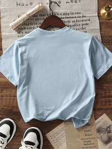 Tween Boys' Casual Navy Blue Round Neck Printed Short Sleeve T-Shirt, Summer Top - Baby Blue - View 4