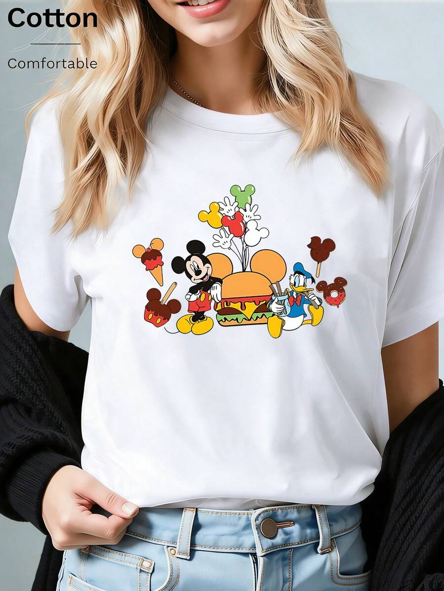Disney Loose Curved "MICKEY MOUSE" Classic Mickey Print T-Shirt, Suitable For Summer And Spring, Short Sleeved Top, Women's Clothing, Holiday Gift Party Clothing. - trắng - Xem 1