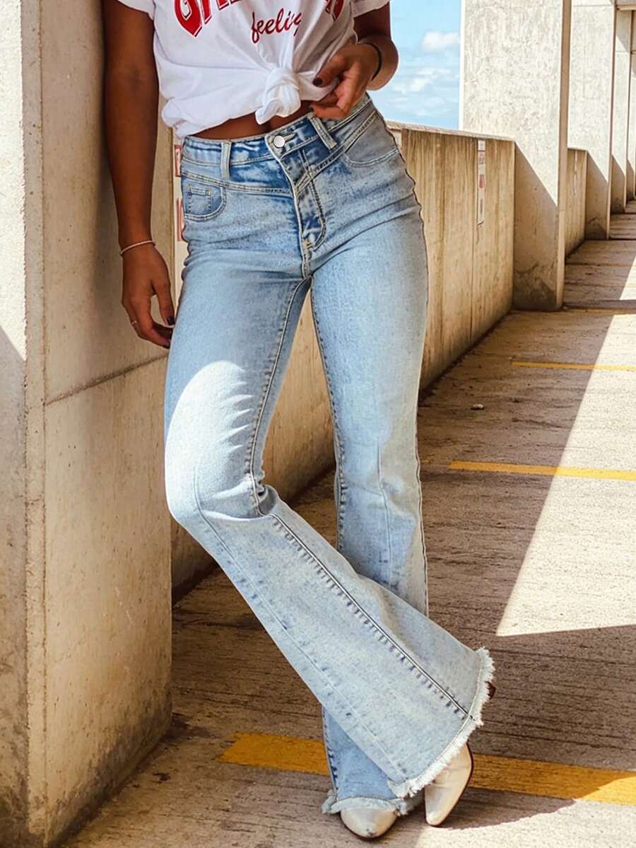Women's High Waist Elastic Denim Flare Pants, Light Color Distressed Hem, Casual Street Style For Summer Spring - Light Blue - View 1