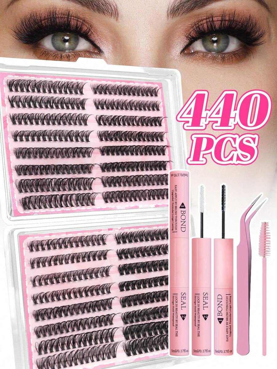 Bộ nối mi giả dung tích cực lớn 440 món bao gồm mi giả, keo dán, chất làm kín, nhíp nối mi, cọ mi - Mi cong chữ C mềm mại, cụm mi giả nhiều độ dài 10-16mm - Mi giả tự nhiên, dày, nhẹ, bồng bềnh. - màu đen - Xem 1