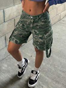 大码女式迷彩多口袋宽松直筒牛仔工装短裤，休闲夏季款 - 軍綠色 - 查看 2