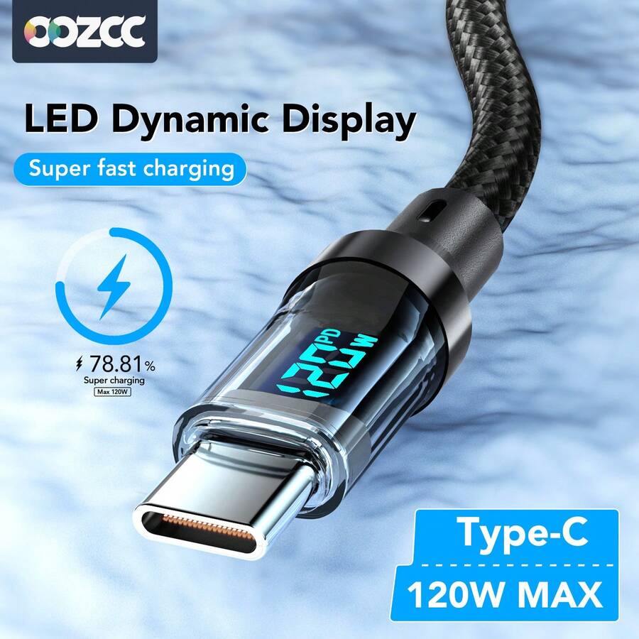 Oozcc 120W MAX 6A 快充尼龙编织防缠绕数据线，带 LCD 动态显示屏，USB A 转 Type-C PD 数据线，兼容 POCO 和特斯拉等设备，女士节礼物