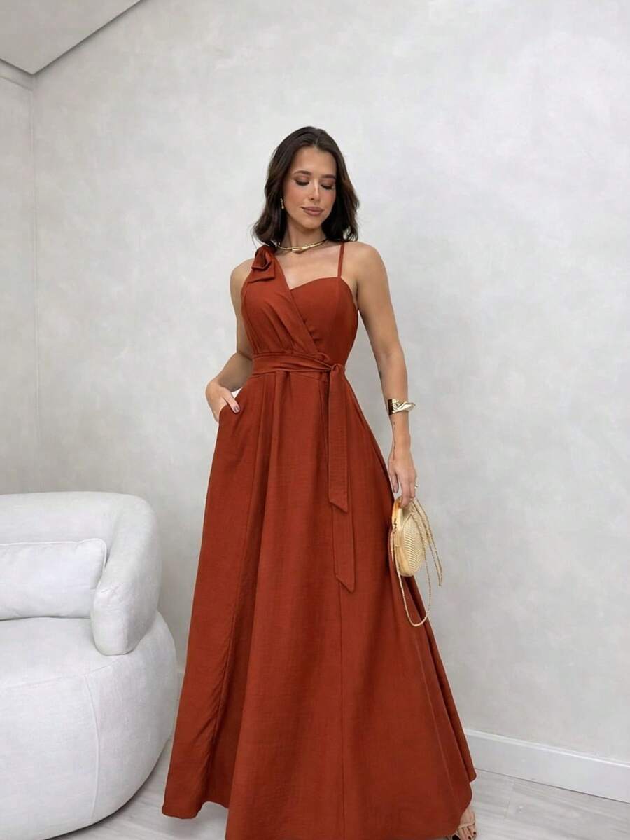 Women's Long Dress With Crossover Neckline And Elasticated Cups – Elegant For Parties, Weddings, And Special Events - 紅陶 - 查看 1