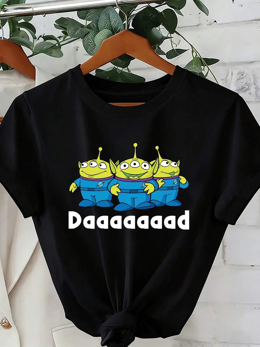 Disney Loose Version Of Toy Story Alien "Daaaaaaad" Fun Printed T-Shirt, Suitable For Summer And Spring, Short-Sleeved Shirts, Ladies' Clothing, Holiday Gift Party Clothing. - màu đen - Xem 1