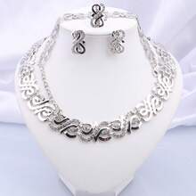 Gold Plated Jewelry Set For Women, Vintage Link Necklace Bracelet Earring Ring Set With Rhinestone, Fashion Party Wedding Accessory - 4 Piece Set - View 8