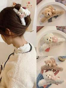1pc New Adorable Fluffy Teddy Bear Hair Clip Claw Clips Winter Hair Accessories - màu nâu - Xem 1