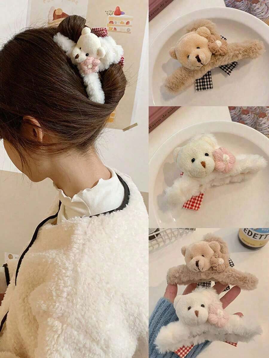 1pc New Adorable Fluffy Teddy Bear Hair Clip Claw Clips Winter Hair Accessories - màu nâu - Xem 1