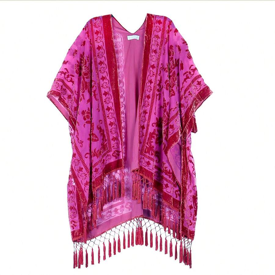 WeHello Women's Boho Burnout Velvet Kimono Long Cover Up With Tassel Casual Cardigan Shawl Flowy Fabric Beachwear Suit Womenswear Clothes Swimwear Coverups SpringStatements - Màu Hồng San hô - Xem 1