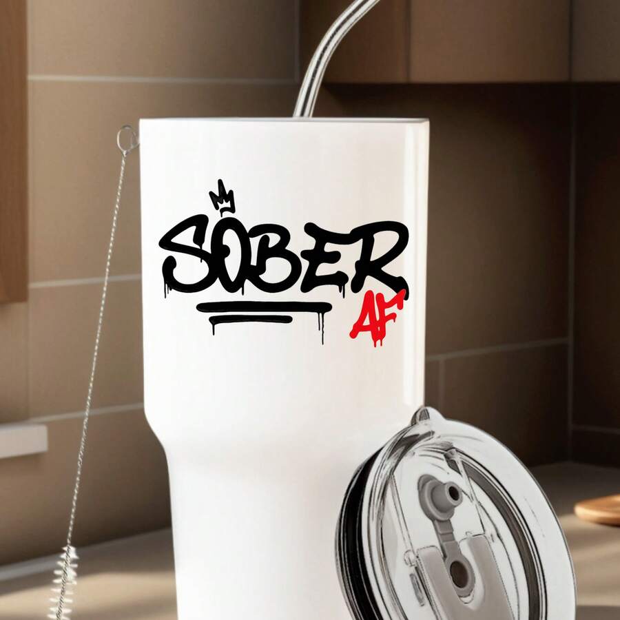 30oz Stainless Steel Tumbler Black White Options, Sober 4 Life Crown Design Graphic Cups, Insulated Travel Coffee Mug With Lid And Straw , Double Wall Vacuum Reusable Travel Cups, Funny Birthday Party Gift For Women & Men - 白色 - 查看 1
