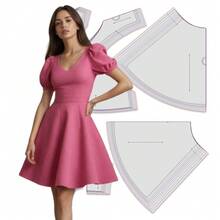 10 Sizes (XXS-5XL) Multi-Size Rose Pink Textured V-Neck Puff Sleeve Skater Dress Sewing Patterns, Sewing Patterns For Women, Easy Sewing Patterns For Beginners, 1:1 Women's Clothing Sewing Pattern Set, With Color HD Picture Instructions, New Fashion Women's Clothing Sewing Pattern, Gift For Sewing Enthusiasts - CL0286 - View 1