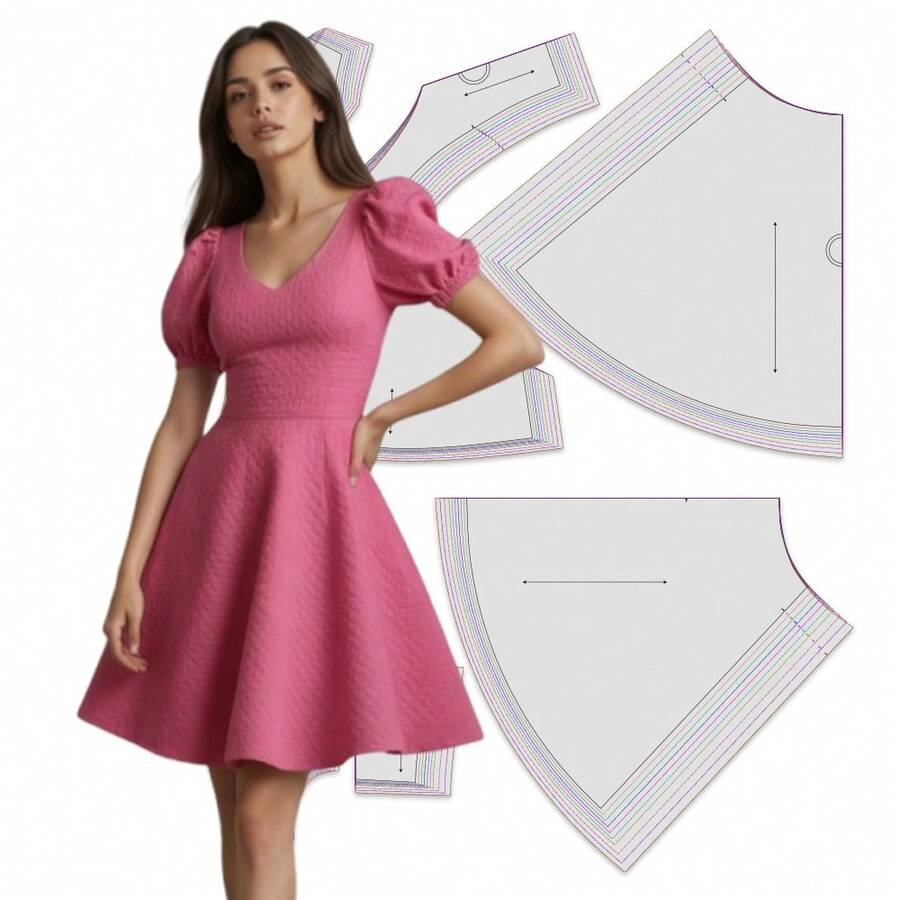 10 Sizes (XXS-5XL) Multi-Size Rose Pink Textured V-Neck Puff Sleeve Skater Dress Sewing Patterns, Sewing Patterns For Women, Easy Sewing Patterns For Beginners, 1:1 Women's Clothing Sewing Pattern Set, With Color HD Picture Instructions, New Fashion Women's Clothing Sewing Pattern, Gift For Sewing Enthusiasts - CL0286 - View 1