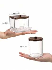 10oz Cotton Ball/Swab Dispenser, Bathroom Container, Apothecary Jar Storage Organizer, Brown Wooden Lid - Multicolor - View 5