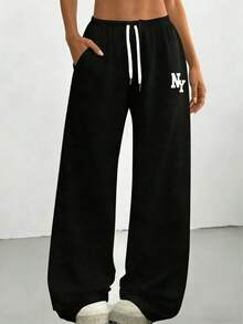 Women's Black Loose Pants With Contrast Color NY Letter Print, Drawstring Waist, Flattering And Slimming, Suitable For Daily, Commute, And Weekend Wear Spring Sports - Black - View 2