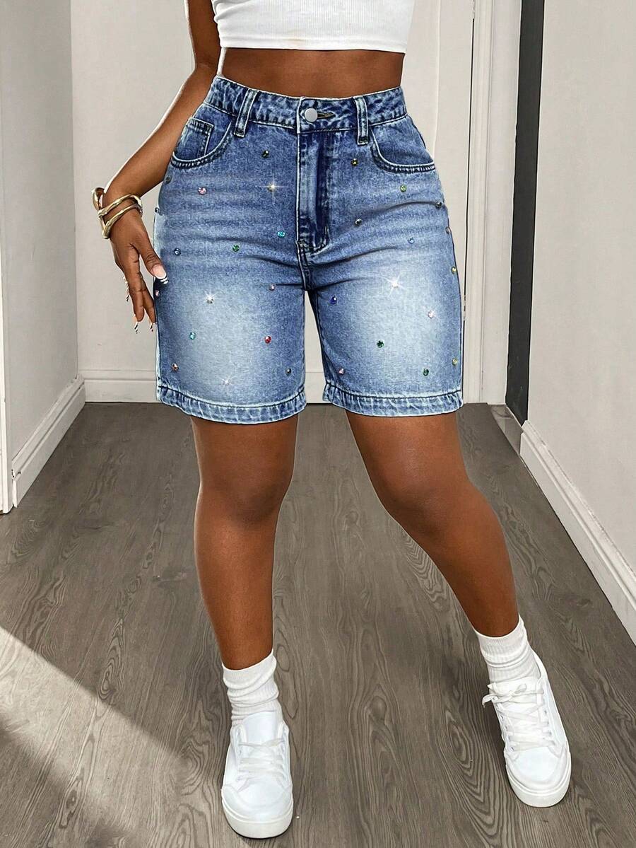 Shorts vaqueros casuales y retro con strass de colores, para el verano