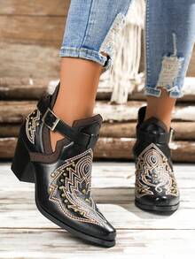 Women's Black/Brown Western Ankle Boots, Chunky Heel Pointed Toe Embroidered Studded Buckle Boots - 黑色 - 查看 3
