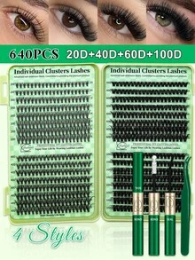 Lashsun 2522片装簇状假睫毛套装，D卷度，14种款式可选：猫咪款/轻盈款/漫画款/浓密款/下睫毛/尖头款，套装包含卸妆液和睫毛辅助器，适合新手和熟练用户，在家轻松DIY，日常妆容轻松打造完美造型。 - 黑色 - 查看 12