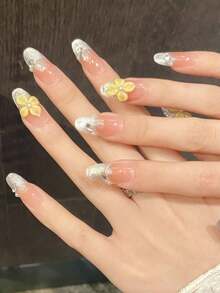10pcs Middle Oval Fake Nails With Grapefruit Pink Gradient Translucent Base, 3D Clear Flower (Pearl Accent) & Single Rhinestone Design Fresh Vitality Style 100% Handmade Press On Acrylic Nails Reusable Nail Supplies Including 1pc Jelly Glue,1pc Stick And 1pc Nail File For Women's Daily Or Party Wear - Multicolor - View 3