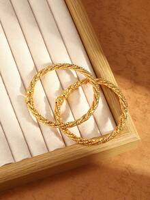 2件套24K镀金纹理开口手镯，中东沙特阿拉伯斋月风格，3D扭绳设计，球形末端，奢华简约百搭配饰 - 金黃色 - 查看 1