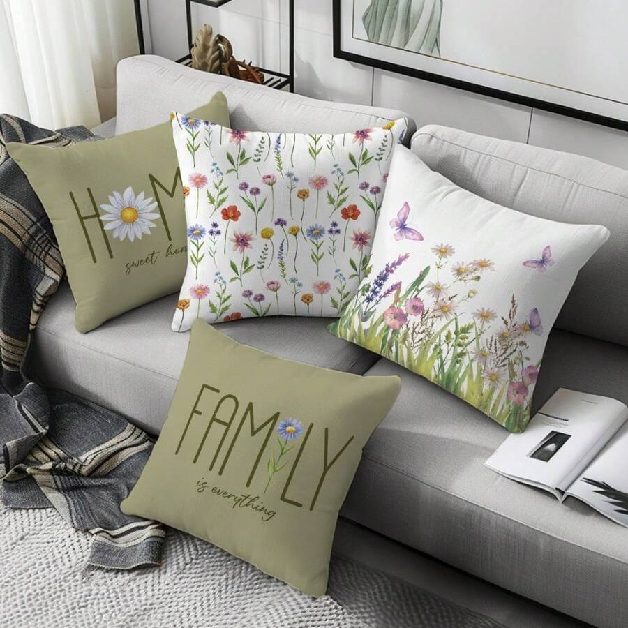 4Pcs Watercolor Daisy Pattern Throw Pillow Covers, 17.7*17.7 Inches, Single-Sided Printed, 100% Polyester, Contemporary Style, Machine Washable With Zipper, Suitable For Home Living Room, Bedroom, Outdoor Decor, Not Insert Included - Multicolor - View 1