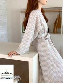 Charming & Sweet Robe, New Spring/Autumn Design, Heart-Shaped Plaid Pattern, Elegant Loose Fit, Comfortable Casual, Mid-Length Loungewear. Must-Have For Back To School Season - Multicolor - View 11