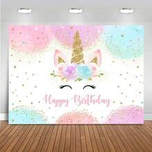 1pc Unicorn Theme Birthday Decoration Backdrop, Suitable For Girls' Party, Pastel Rainbow Glitter Stars Polka Dots Happy Birthday Banner, Photo Prop, Suitable For Indoor And Outdoor, Applicable For Home Decor, Party, Birthday, Anniversary And Studio Props - View 1