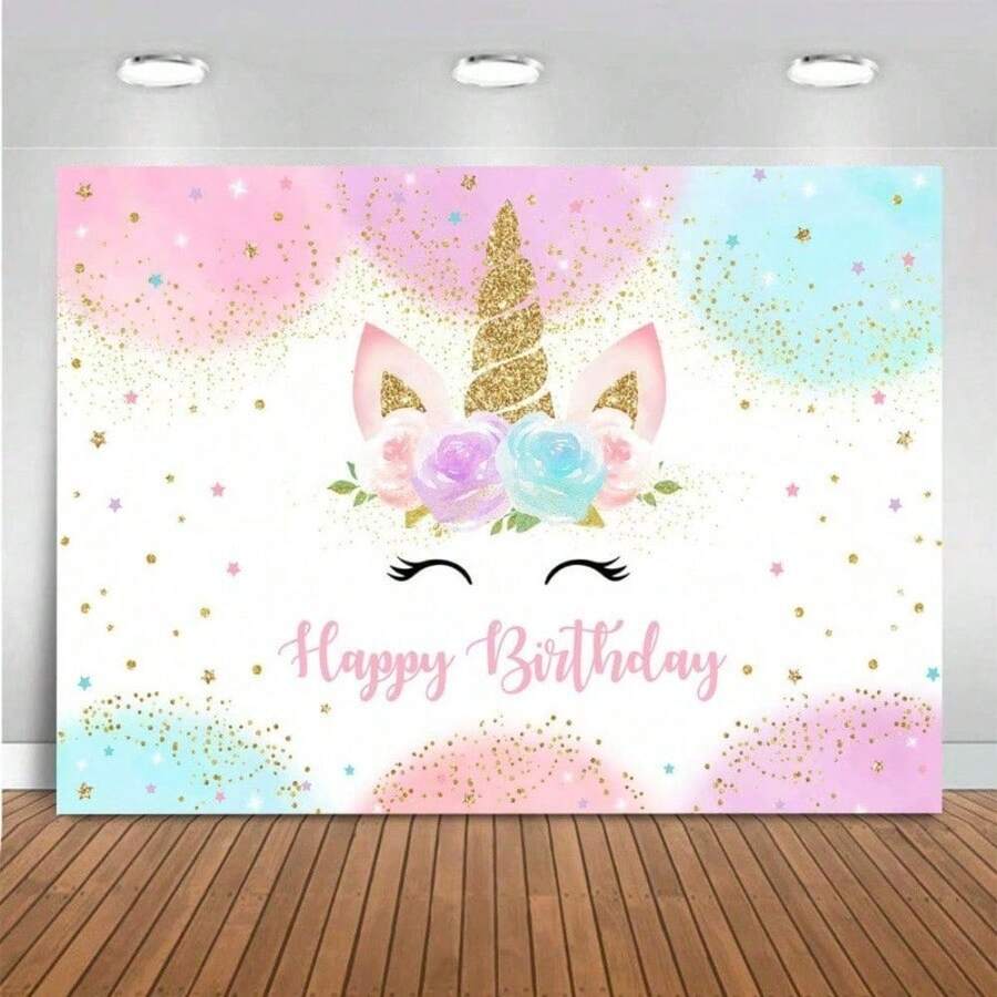 1pc Unicorn Theme Birthday Decoration Backdrop, Suitable For Girls' Party, Pastel Rainbow Glitter Stars Polka Dots Happy Birthday Banner, Photo Prop, Suitable For Indoor And Outdoor, Applicable For Home Decor, Party, Birthday, Anniversary And Studio Props - View 1