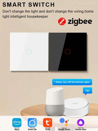 支持 Alexa 语音控制的 Zigbee 智能墙壁开关，无需零线，可选 1/2/3 位开关，APP 远程控制定时倒计时触摸背光开关，PC+ABS+玻璃面板，无需重新布线，单联 600W，阻燃材料