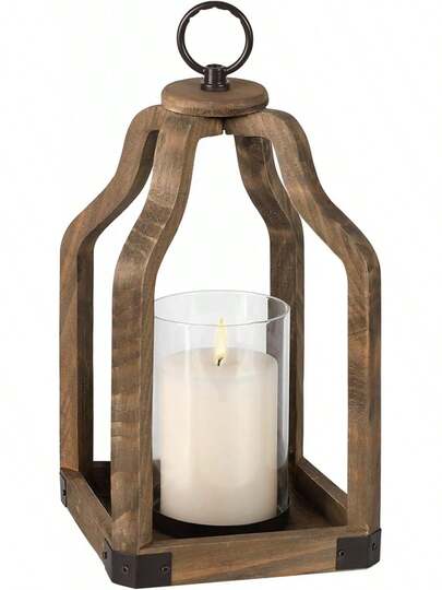 Wood Lantern Candle Holder For Farmhouse Decor - Indoor And Outdoor Table Centerpiece With Glass Hurricane, 13" High