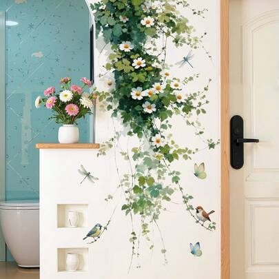 1 tấm tranh trang trí tường bằng dây leo và hoa mây, decal dán tường cây xanh tươi mát có thể tháo rời, thích hợp trang trí phòng ngủ và cửa ra vào.