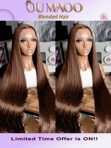 13x6蕾丝前假发，真人混纺发丝，200密度，直发，高清蕾丝前假发，预先拔毛，直发，无胶，真人混纺发丝；13x4高清前额真人混纺发丝假发，女士款 - 棕色 - 查看 2