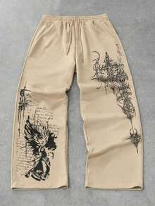 Men's Wide Leg Pants With Stylish Bird Cross Print, Streetwear, Hip-Hop Winter Clothing - 米色 - 查看 2